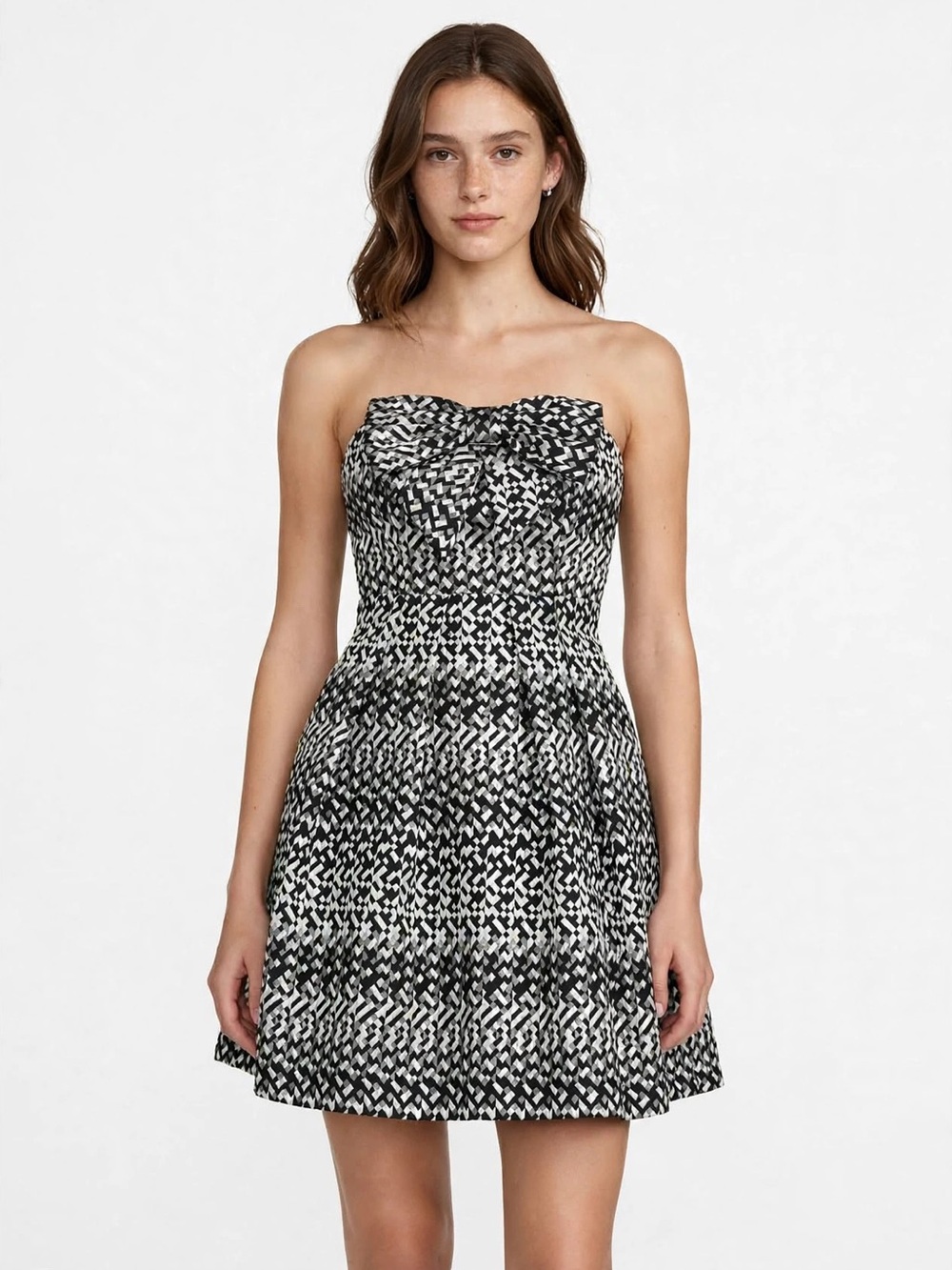 Eva Franco Black & White Strapless Mini Dress 6 Geometric bow fit& flare party